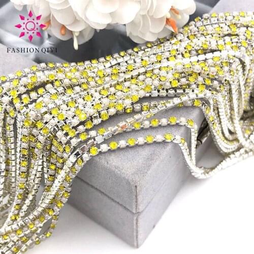5 yard 2mm Sliver base Lemon yellow glass crystal rhinestones pearls with claw sew on cup chain diy wedding clothing accessories
