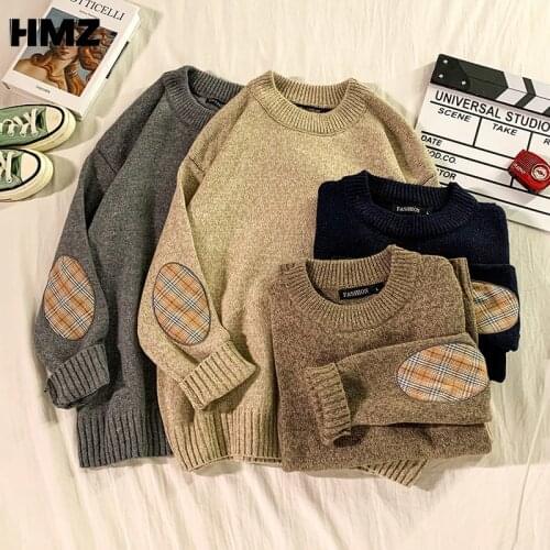 HMZ Knitted Sweaters Men Hip Hop Streetwear Pullover Patchwork Male Crewneck Loose Harajuku Sweater Men Fashion Tops Oversized