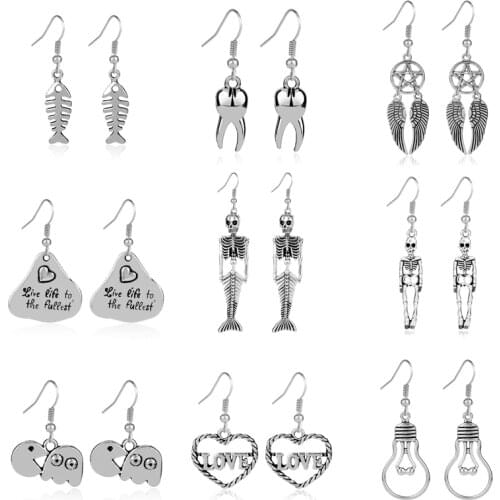 Creative Punk Silver Color Skull Love Stud Earrings For Women Man Vintage Retro Hollow Skeleton Ear Gothic Steampunk Jewelry