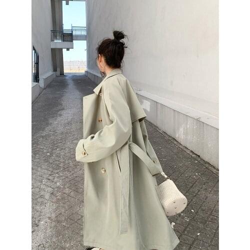 Women Windbreaker Spring Autumn New Fashion Loose Solid Color Temperament Wild Double-breasted Lace-up Long-sleeved Coat Female