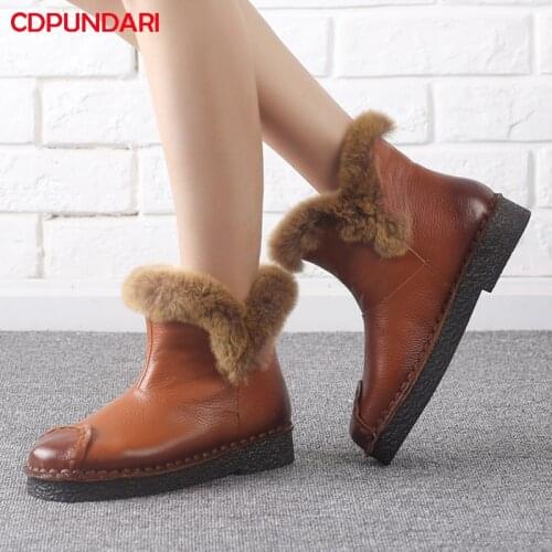 New 2021 Genuine Leather Plush Flat Platform Ankle Boots For Women Winter Snow Short Boots Shoes Bottines Femme Black Brown