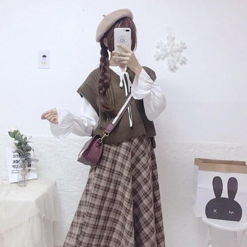 Women Sets 3PCS Ruffles Bow Shirts Elegant Vest Knitter Sweaters Plaid Skirts Suit Female Sweet Korean Preppy Style Girls Set