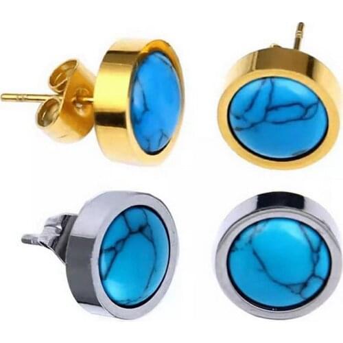 Stainless Steel Turquise Small Stud Earrings For Women And Girls Round Post Ear Pins With Turkey Blue Stone Jewelry Personalized