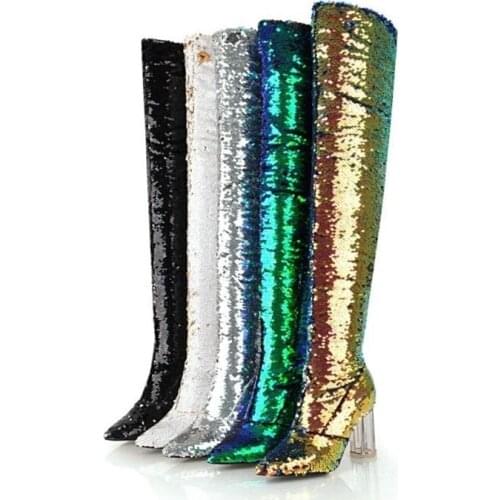 Women Winter Shoes For 2018 Over The Knee Sequined Cloth Beading Long Boots Square Heels Ladies Night Club Party Dress Shoes