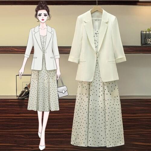 Office Ladies Blazer Suit Summer Short Sleeve Notched Solid Coat Spaghetti Straps Point Chiffon Dress Two Piece Set