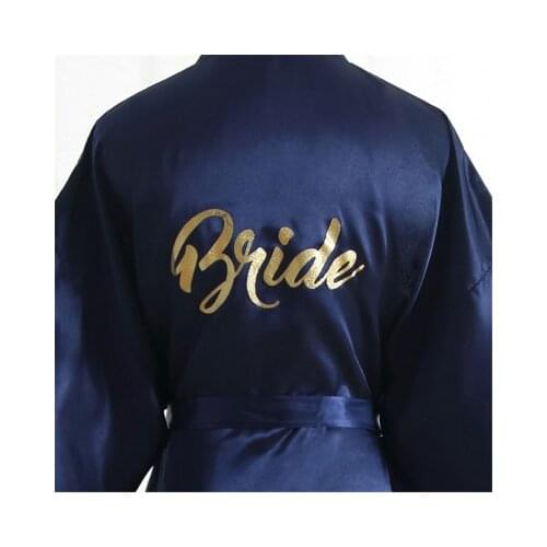 Women Silk Satin Wedding Bride Robe With Golden Letter Solid Bathrobe Short Kimono Robe Night Robe Bath Robe Femme Dressing Gown