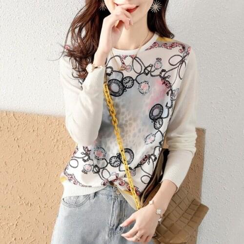 Autumn Korean fashion round neck stitching printed shirt womens long-sleeved sweater top oversized sweater harajuku sweater