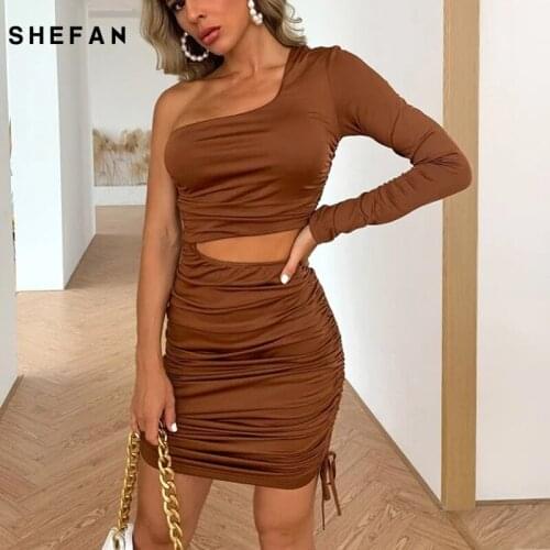 Shefan One Shoulder Ruched Solid Brown Mini Dress Women Long Sleeve Hollow Out Club Party Slim Bodycon Vestidos High Waist Robes
