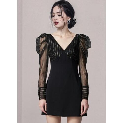 Korean Striped Mesh Patchwork Sheath Dress Women V-Neck Puff Sleeve Elegant Party Dress Luxury Mini Dress Runway Plus Size C916