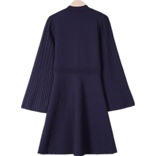 Women Dress Spring Autumn Knitted Pit Strip O-Neck A-Line Full Wide Sleeve Mini Elegant High Street Chic Stunning Fashion Lady S