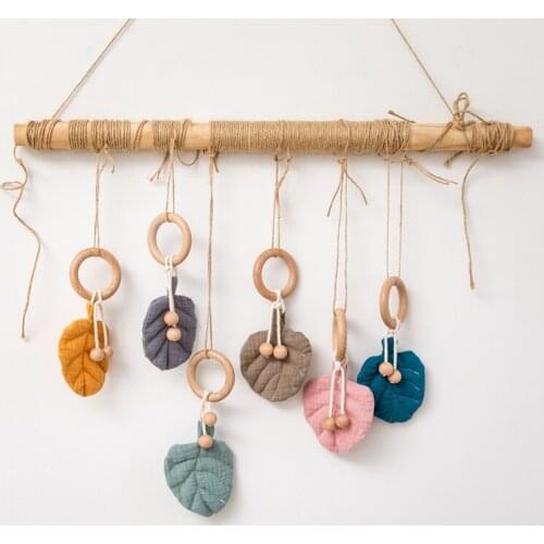 1PC Baby Teethers Cotton Leaves Shape Pendant Beech Wooden Rings Teething Wood Beads Baby Bed Hanging Accessories Rattle Toys