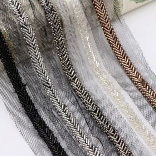 10Yards Champagne Beading Pearl Trims Beaded Ribbon For Sewing Clothing Collar Headdress Accessories Black Mesh Lace Decoration