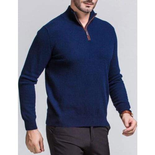 100% goat cashmere knit men smart casual pullover sweater patchwork color zipper collar M/105-3XL/125