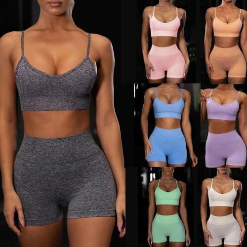 2PCS Women Seamless Yoga Sports Suits Sport Bra Top+High Waist Fitness Shorts Gym Set Running Sportswear
