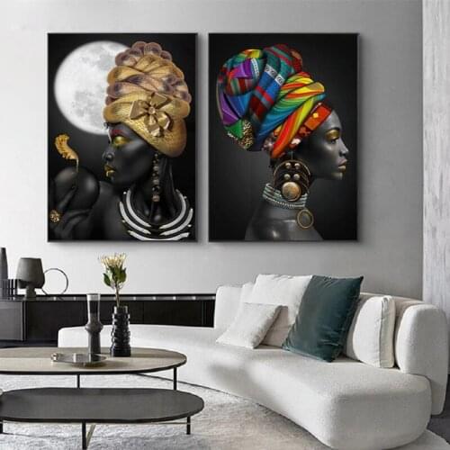 Abstract African Woman Canvas Painting Golden and Black Women Posters and Print Wall Art Picture for Living Room Home Decoration