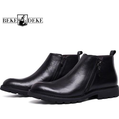 Winter Fleece Lining Warm Mens Ankle Boots Zipper British Real Cow Leather Knight Boots Black Business Man Formal Shoes Footwear