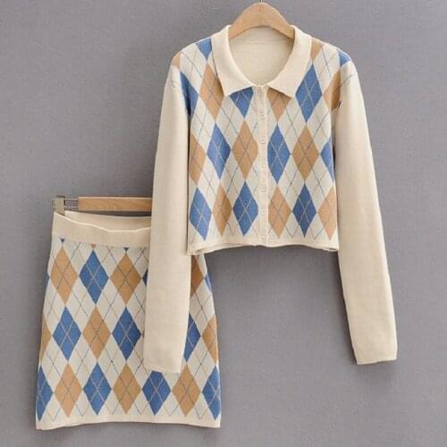 European And American Retro College Style Lingge Long Sleeve Knitted Cardigan Sweater High Waisted Buttock Skirt Short Skirt Sui