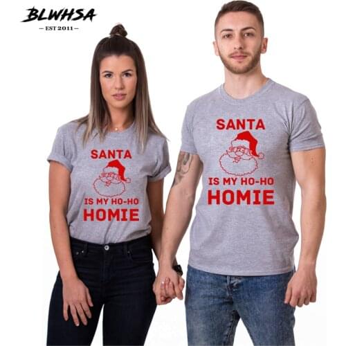 BLWHSA Lovers Couple Santa Is My Ho Ho Homie Women T Shirts Printing Christmas Shirt Men Santa T-Shirt Couple Clothing