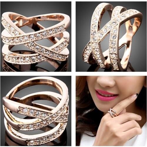Double Cross Ring Trendy Rose Silver Color Color Genuine SWA Elements Austrian Crystals Women Rings Fashion Jewelry for women
