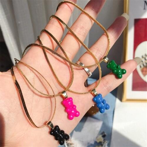 HangZhi 2021 New Korean Colorful Resin Bears Pendant Metal Choker Necklace Gold Plated for Women Girls Party Jewelry Gifts