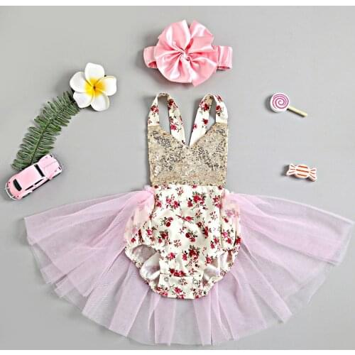 Newborn Baby Girls Princess Sequins Sleeveless Romper Mesh Dress + Flower Headband Stitching Summer Infant Jumpsuits Clothing