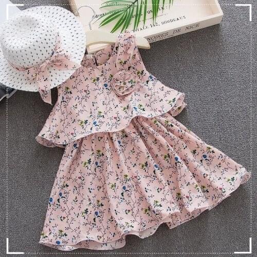 Girl Summer Fairy Floral Dress+hat,2019 Baby girls Chiffon Flowers Princess Dresses,Kids Infant Party Birthday Clothes Vestido