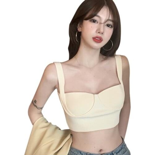Summer Womens Solid Color Tank Tops Sexy Open Navel Bra Knitted Suspender Vest Camis