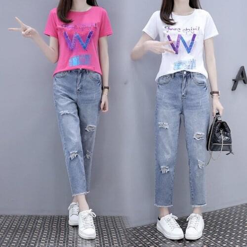 Summer 2021 New T-shirt + Ripped Nine-point Jeans Two-piece Womens Pants Suit Printing Two-piece Women