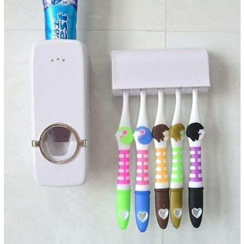 Fashion Toothpaste Dispenser + 5 Toothbrush Holder Set Wall Mount Stand Automatic Toothpaste Squeezer