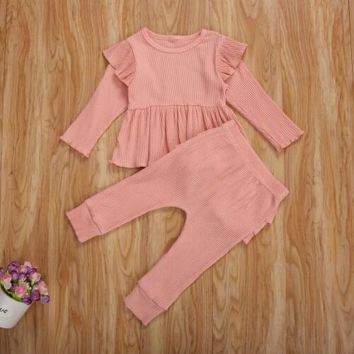 0-5Y Infant Newborn Baby Toddler Kids Girls Spring Set Clothing Solid Ribbed Ruffled Long Sleeve Top+Long Pants 2Pcs Outfit