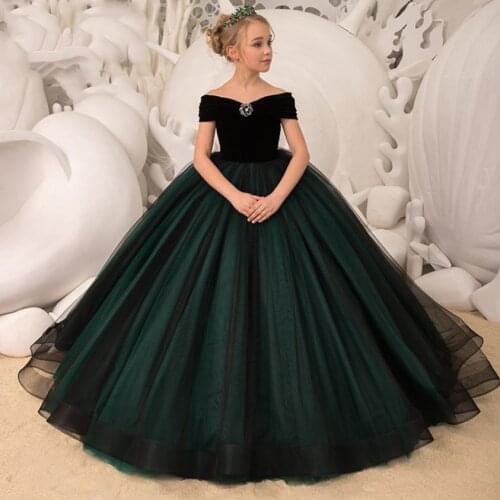 Train Flower Girl Prom Green Tulle Gowns Patchwork Long Primera Comunion Shoulderless Wedding Princess Dress For Girls L1135