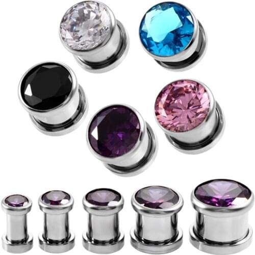 5Pair Stainless Steel Ear Plugs and Tunnels Round Zircon Ear Piercing Earlets Screwed Earring Expander Ear Gauges Body Jewelry