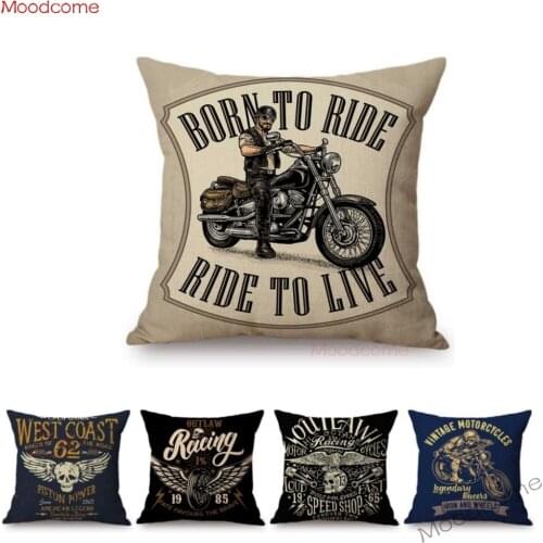 18" Vintage Motorcycle Ride Club Poster Born to Ride Live to Ride Throw Pillow Case US Funky Style Bf Husband Gift Cushion Cover