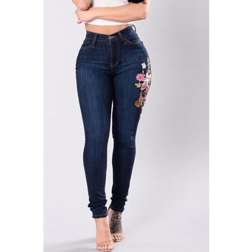 High Waist Jeans For Plus Size Women Stretch Fashion Women Embroidered Button Pocket High Waist Denim Pants Skinny Slim Jeans