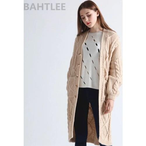 BAHTLEE Autumn Winter Long Sleeve Mohair Cardigan Coat Female Knitting Loose Style Sweater Jumper Pocket Thick Keep Warm