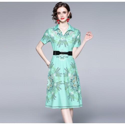 2021 summer Fashion Runway Vintage casual Dress Women Short Sleeve turn down Collar Print Dress
