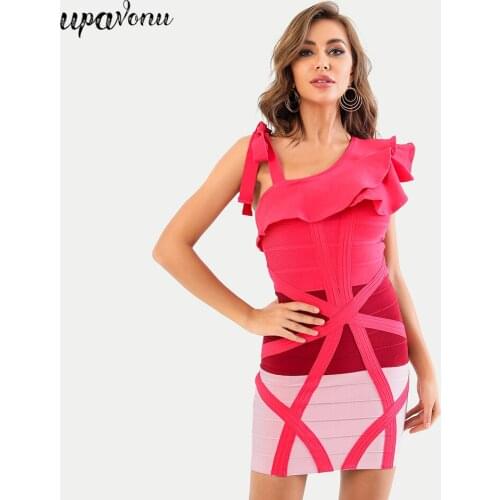 Free Shipping 2021 New Womens Contrasting Color Bandage Dress Sexy One Shoulder Ruffle Sleeve Bodycon Dress Club Party Vestidos