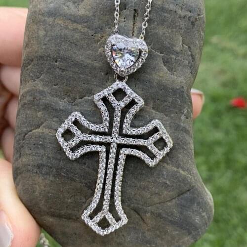 Classical Fashion Jewelry 925 Sterling Silver Big Heart Shape 5A Cubic Zirconia Cross Pendant Women Wedding Necklace With Chain