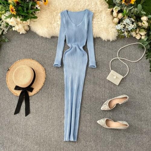 Oversized Basic Bodycon Long Dress Winter knit Warm Sweater Dresses Women Autumn Knitted Dress V Neck Sexy Slim Elastic