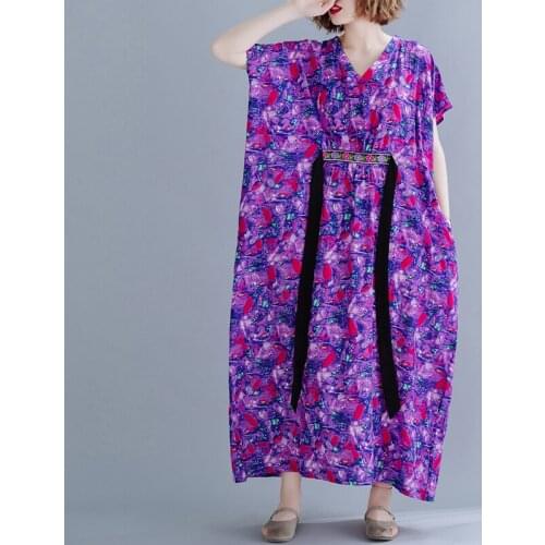 Print Floral Chinese Style Vintage Dress Robes Embroidery Floral Cotton Purple Summer Dress Holiday Travel Casual Women Dress
