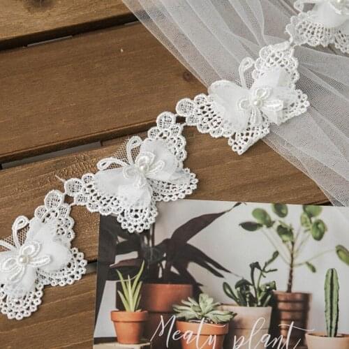 1 Yard Bowknot Butterfly Embroidered Lace Trim Ribbon Imitation Pearl Beaded Applique DIY Sewing Craft Wedding Bridal Dress Clo