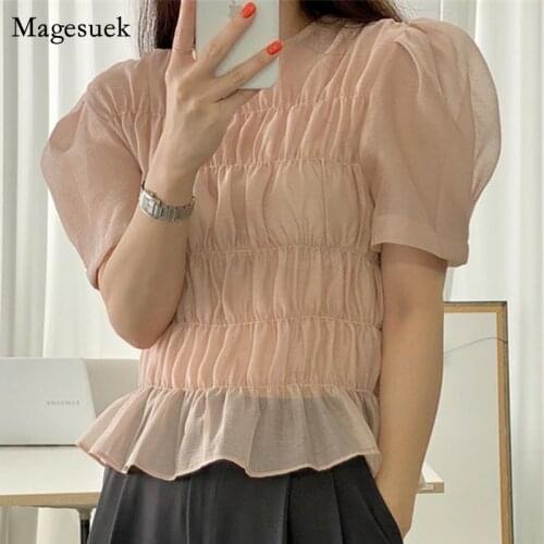2021 Summer Plus Size Korean Women Tops Sexy Transparent Puff Short Sleeve Blouse Chic Pleated Casual Ins Girl Clothes 14093