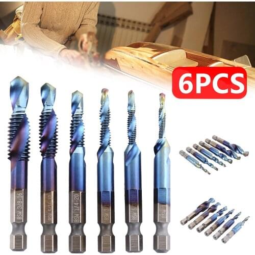 6 Pcs M3-M10 Titanium HSS Combination Drill Tap Bit Hex Shank Titanium Plated HSS Screw Thread Metric Tap Drill Bits Hand Tools
