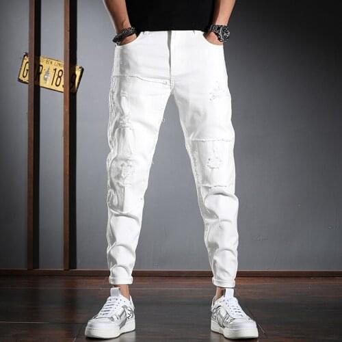 Jeans 2021 Summer Men White Ripped Slim Fit Ankle-Length Pants Streetwear Cotton Denim Trousers