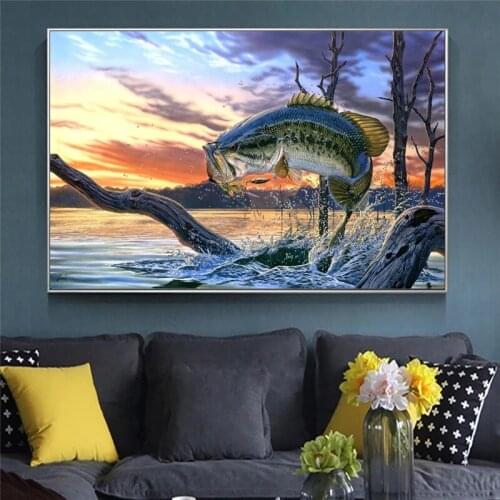 Jumping Largemouth Bass Fish Canvas Oil Painting On Wall Art Poster And Prints Lake Animal Picture Modern Home Decoration