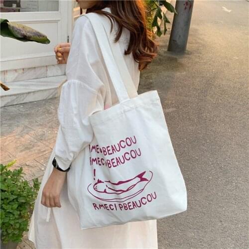 Korean Ins Canvas Bag Cartoon Salted Fish Letters Print Ladies Shopping Bag Casual Cotton Shoulder Bag Cute Book Tote Handbag