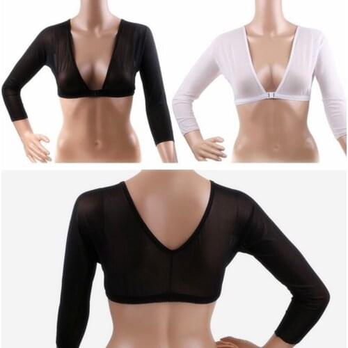 Fashion Women Long Sleeve V-Neck Mesh See-Through Arm Wrap Base Top