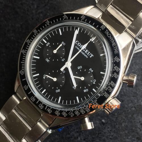 New 2021 Corgeut 40mm Quartz Watch Top Luxury Black Dial Stainless steel strap Watches 24-Hour Chronograph mens Watch