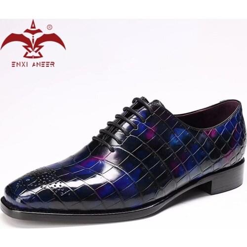 Mens Persuit Shoes 100% CRO Crocodile Leather Shoes Oxford Derby Shoes Patina Gradient Blue Purple Color Custom Handmade Shoes