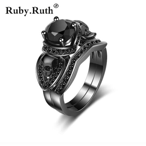 Skull Ring Set Black Color Wedding & Engagement Black Crystal Heart Ring Women Jewelry Dropshipping